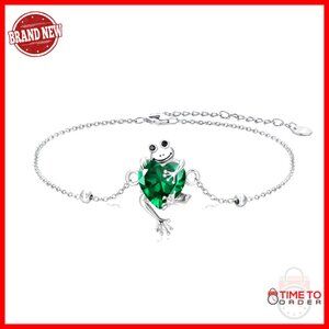 Sterling Silver Frog Charm Bracelet with Emerald Birthstone Elegant Minimal
